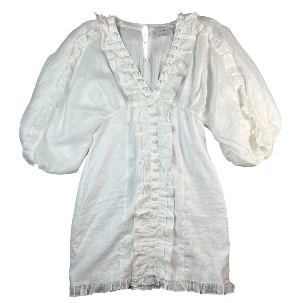 Joslin Studio White Linen Ruffled V-Neck Puff Sleeve Mini Dress AU 10 / US 6